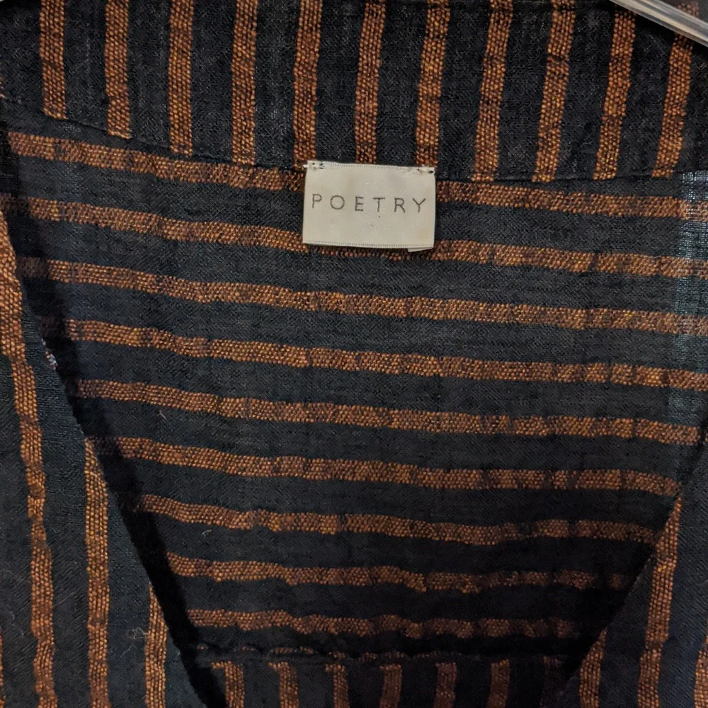 Poetry Tunic Top Linen V-Neck Striped Shirt Women 18 Black Copper Pinstripe - Picture 2 of 6